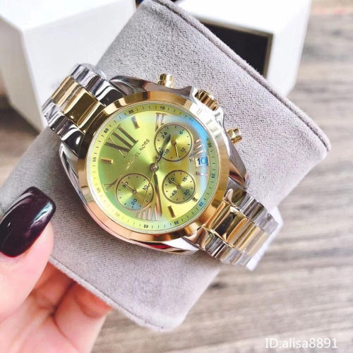 Michael Kors手錶 間金綠色六針石英錶 時尚百搭鋼帶錶 大直徑三眼計時手錶休閒通勤百搭女錶 精品錶MK6198