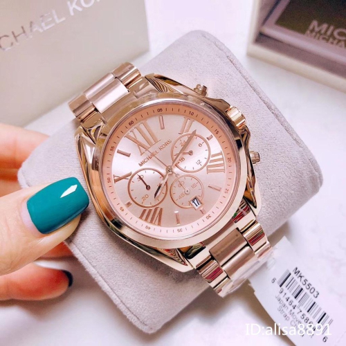 Michael Kors手錶 MK手錶女生 大直徑手錶男 男女中性款情侶手錶三眼計時手錶 玫瑰金色鋼鏈錶MK5503