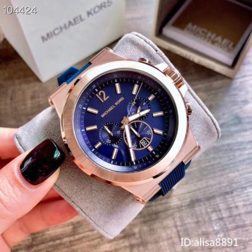Michael Kors手錶 歐美時尚運動手錶 大直徑MK手錶男 藍色橡膠錶帶石英錶 通勤三眼計時日曆男錶MK8295