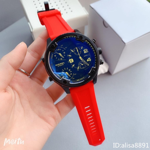 DIESEL迪賽手錶 56mm超大直徑手錶男 休閒運動手錶男 時尚多功能日曆計時手錶 紅色橡膠錶帶男錶 百搭石英錶