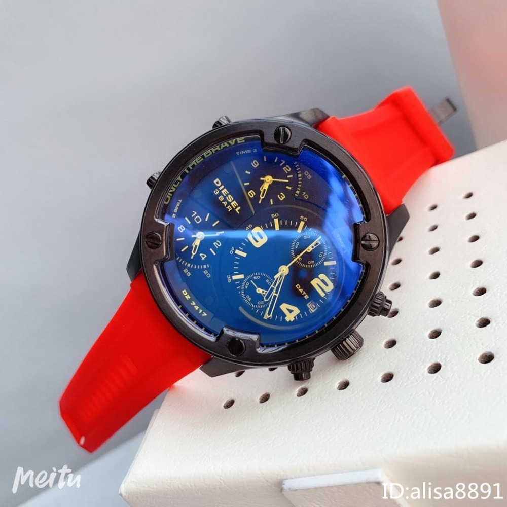 DIESEL迪賽手錶 56mm超大直徑手錶男 休閒運動手錶男 時尚多功能日曆計時手錶 紅色橡膠錶帶男錶 百搭石英錶-細節圖3