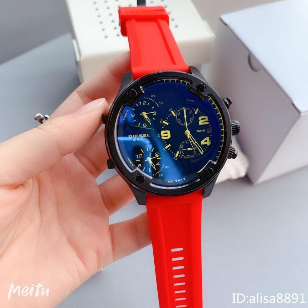 DIESEL迪賽手錶 56mm超大直徑手錶男 休閒運動手錶男 時尚多功能日曆計時手錶 紅色橡膠錶帶男錶 百搭石英錶-細節圖4