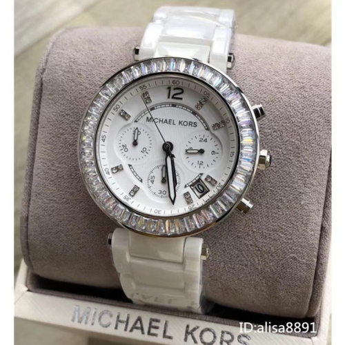 Michael Kors手錶 白色陶瓷手錶女 MK手錶時尚百搭休閒腕錶 鑲鑽時尚腕錶 三眼計時日曆防水石英錶MK5848