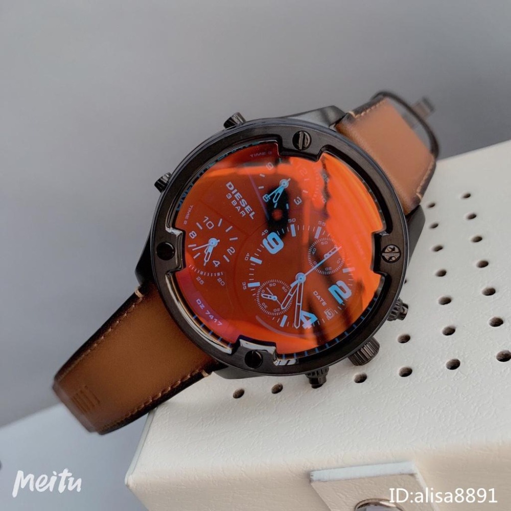 DIESEL手錶 迪賽手錶 棕色皮帶錶 大直徑56mm 變色龍時尚偏光男生腕錶 休閒運動男錶 計時防水石英錶DZ7417-細節圖3