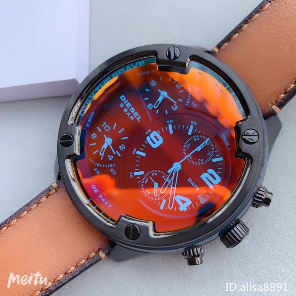 DIESEL手錶 迪賽手錶 棕色皮帶錶 大直徑56mm 變色龍時尚偏光男生腕錶 休閒運動男錶 計時防水石英錶DZ7417-細節圖4