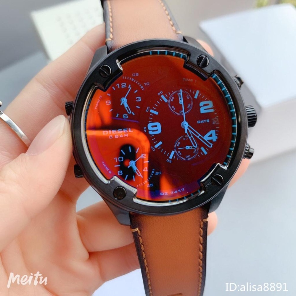 DIESEL手錶 迪賽手錶 棕色皮帶錶 大直徑56mm 變色龍時尚偏光男生腕錶 休閒運動男錶 計時防水石英錶DZ7417-細節圖5