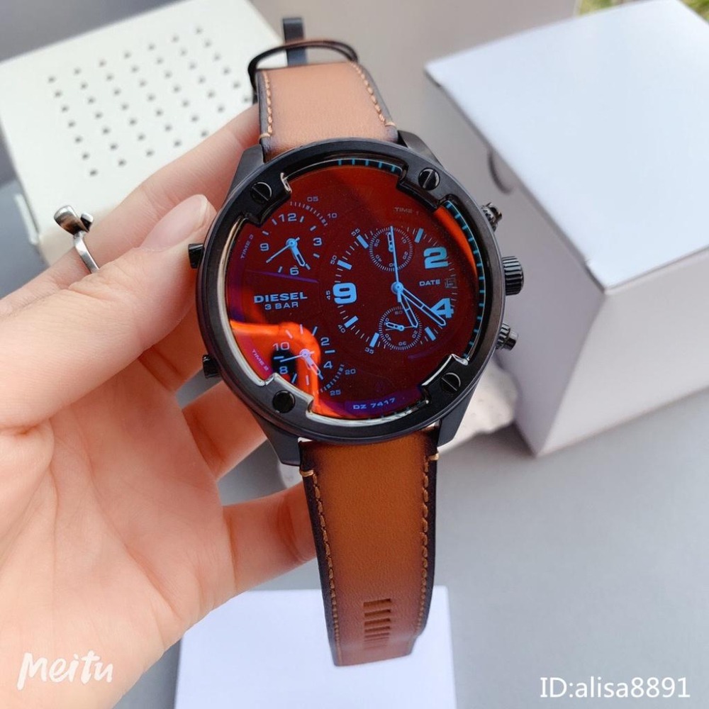 DIESEL手錶 迪賽手錶 棕色皮帶錶 大直徑56mm 變色龍時尚偏光男生腕錶 休閒運動男錶 計時防水石英錶DZ7417-細節圖6