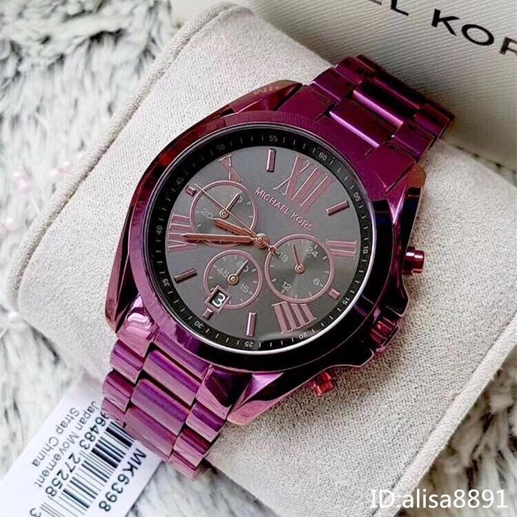 Michael Kors手錶 男女中性款石英錶 紫色鋼帶錶 大直徑手錶女 MK手錶 日曆三眼計時手錶 MK6398-細節圖2