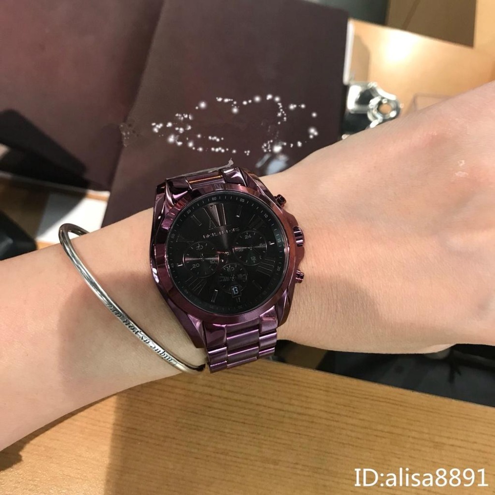 Michael Kors手錶 男女中性款石英錶 紫色鋼帶錶 大直徑手錶女 MK手錶 日曆三眼計時手錶 MK6398-細節圖3