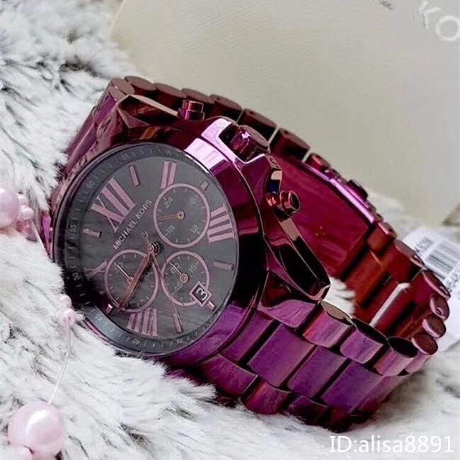 Michael Kors手錶 男女中性款石英錶 紫色鋼帶錶 大直徑手錶女 MK手錶 日曆三眼計時手錶 MK6398-細節圖6