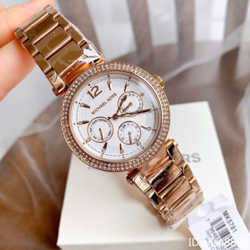 Michael Kors手錶女 女生精品錶 MK5781玫瑰金色鋼鏈錶 三眼計時防水石英錶 鑲鑽時尚女錶 石英手錶