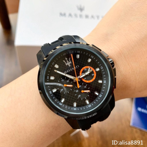 瑪莎拉蒂MASERATI手錶 橡膠錶帶石英錶 三眼計時防水 時尚休閒男錶 大直徑男生商務通勤腕錶R8851123007