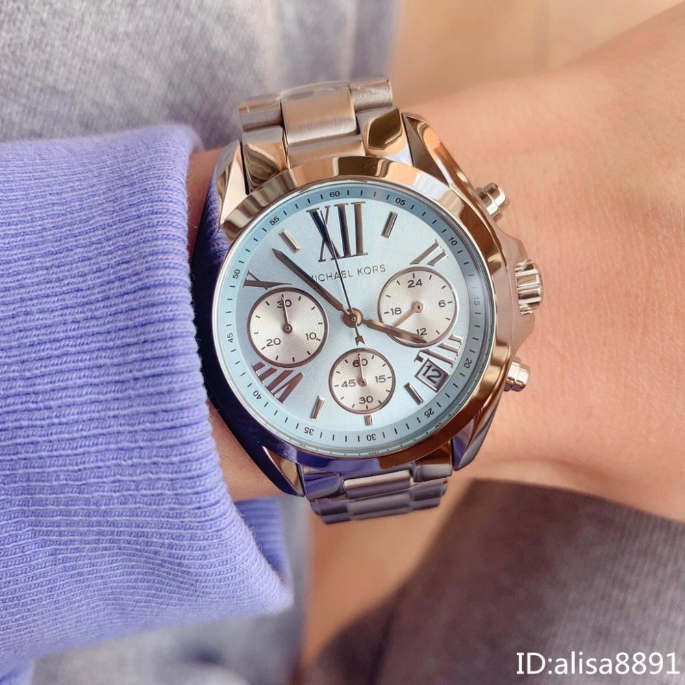 Michael Kors手錶 女生精品錶 MK石英錶 冰藍面銀色鋼鏈錶 三眼計時日曆腕錶 時尚百搭通勤女錶MK6098-細節圖2