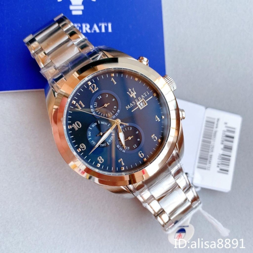 瑪莎拉蒂MASERATI手錶 銀色藍面鋼帶錶 三眼計時日曆防水手錶 大直徑手錶 商務休閒男生腕錶R8853112505