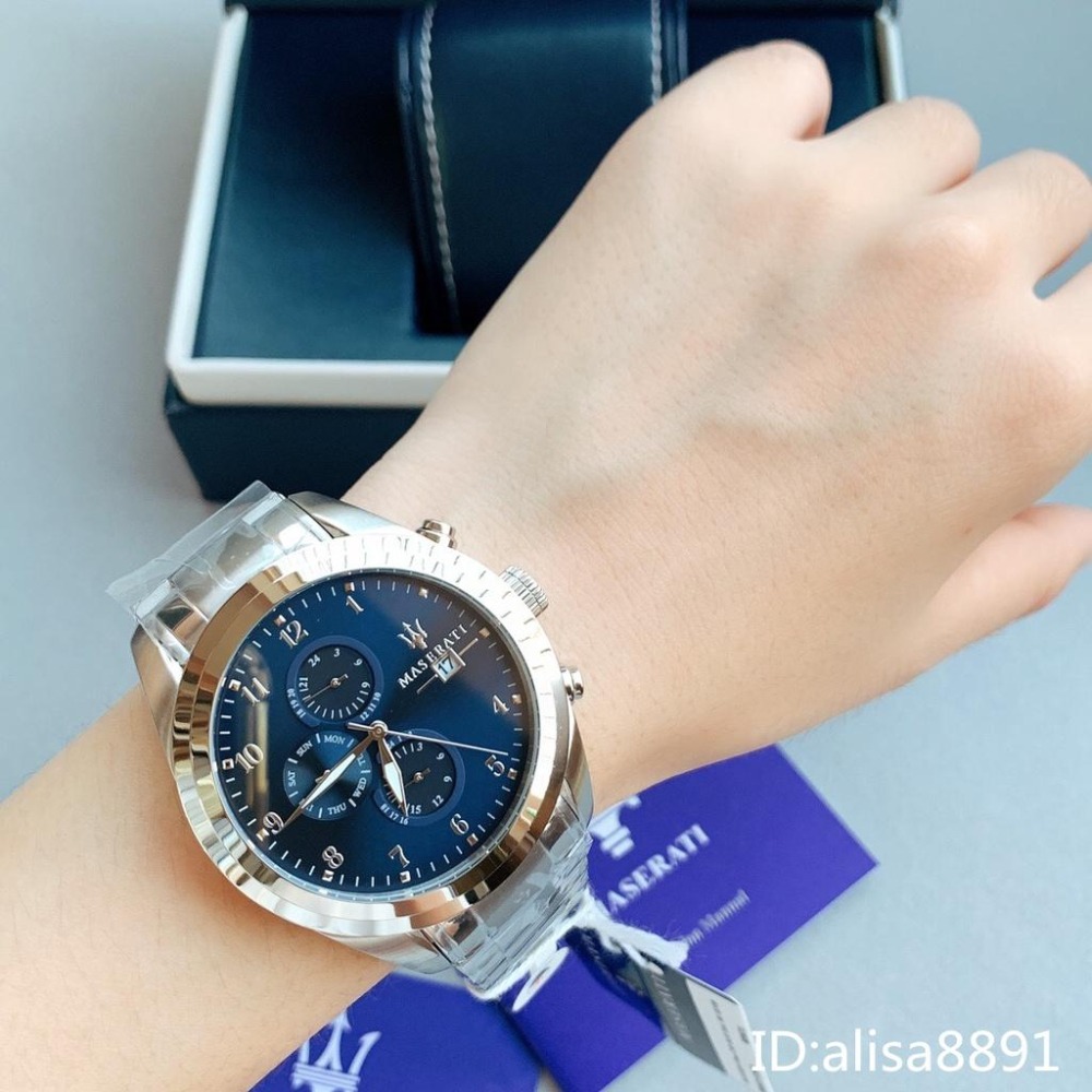 瑪莎拉蒂MASERATI手錶 銀色藍面鋼帶錶 三眼計時日曆防水手錶 大直徑手錶 商務休閒男生腕錶R8853112505-細節圖2