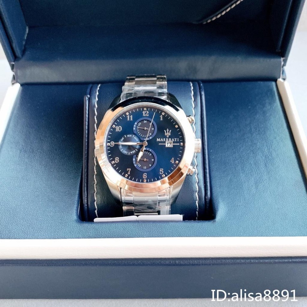 瑪莎拉蒂MASERATI手錶 銀色藍面鋼帶錶 三眼計時日曆防水手錶 大直徑手錶 商務休閒男生腕錶R8853112505-細節圖3