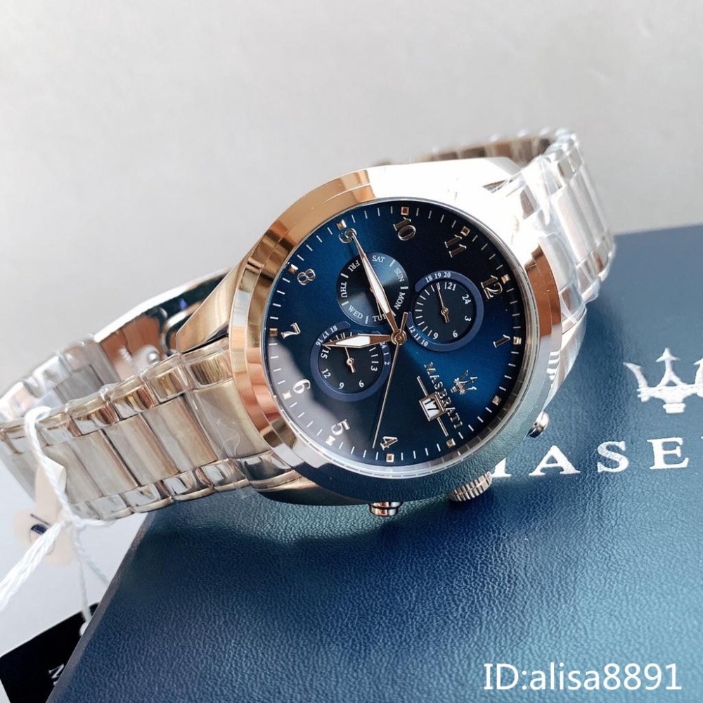 瑪莎拉蒂MASERATI手錶 銀色藍面鋼帶錶 三眼計時日曆防水手錶 大直徑手錶 商務休閒男生腕錶R8853112505-細節圖4