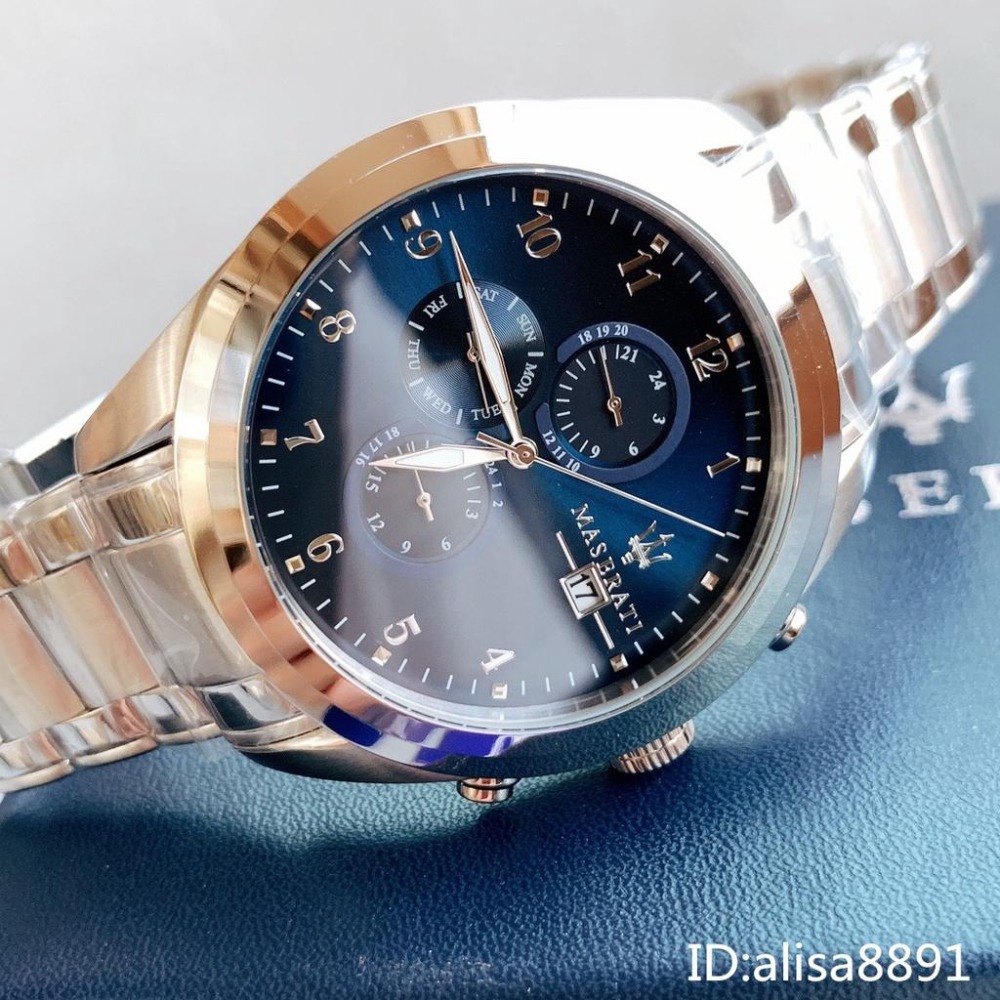 瑪莎拉蒂MASERATI手錶 銀色藍面鋼帶錶 三眼計時日曆防水手錶 大直徑手錶 商務休閒男生腕錶R8853112505-細節圖5