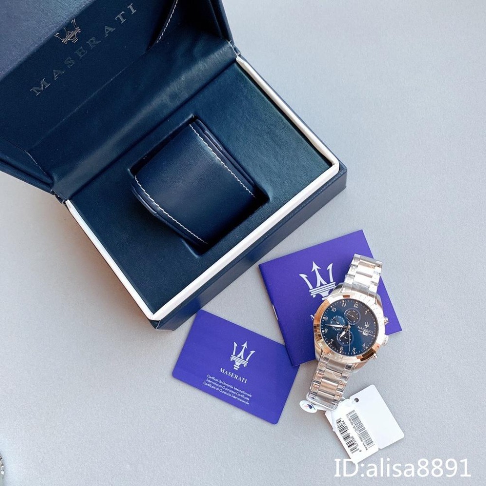 瑪莎拉蒂MASERATI手錶 銀色藍面鋼帶錶 三眼計時日曆防水手錶 大直徑手錶 商務休閒男生腕錶R8853112505-細節圖6