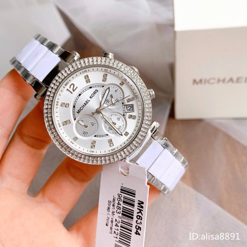 Michael Kors手錶 MK手錶白色間膠鋼鏈錶 三眼計時日曆石英錶 鑲鑽時尚百搭女生腕錶 白色陶瓷手錶MK6354
