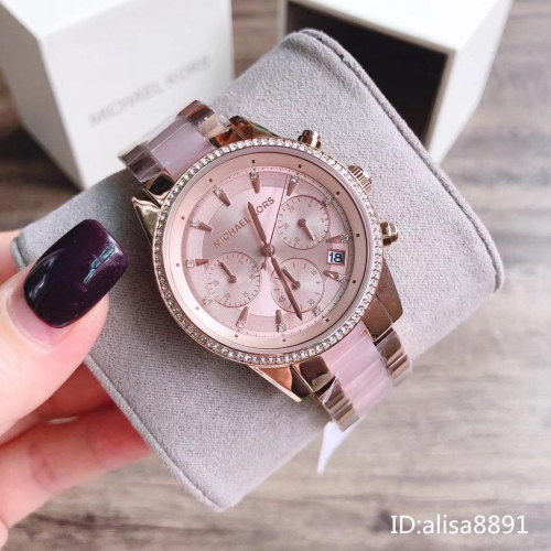 Michael Kors手錶女 MK6307 間膠裸粉色手錶 時尚潮流女錶 三眼計時日曆女生腕錶 大直徑玫瑰金色手錶