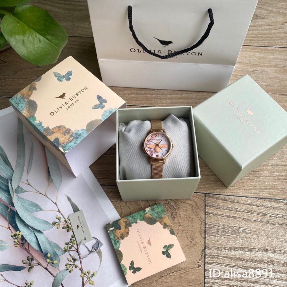 OliviaBurton手錶 女生石英錶 時尚百搭女生腕錶 小蜜蜂手錶 OB手錶 玫瑰金色鋼帶錶 編織網米蘭錶帶石英錶-細節圖2