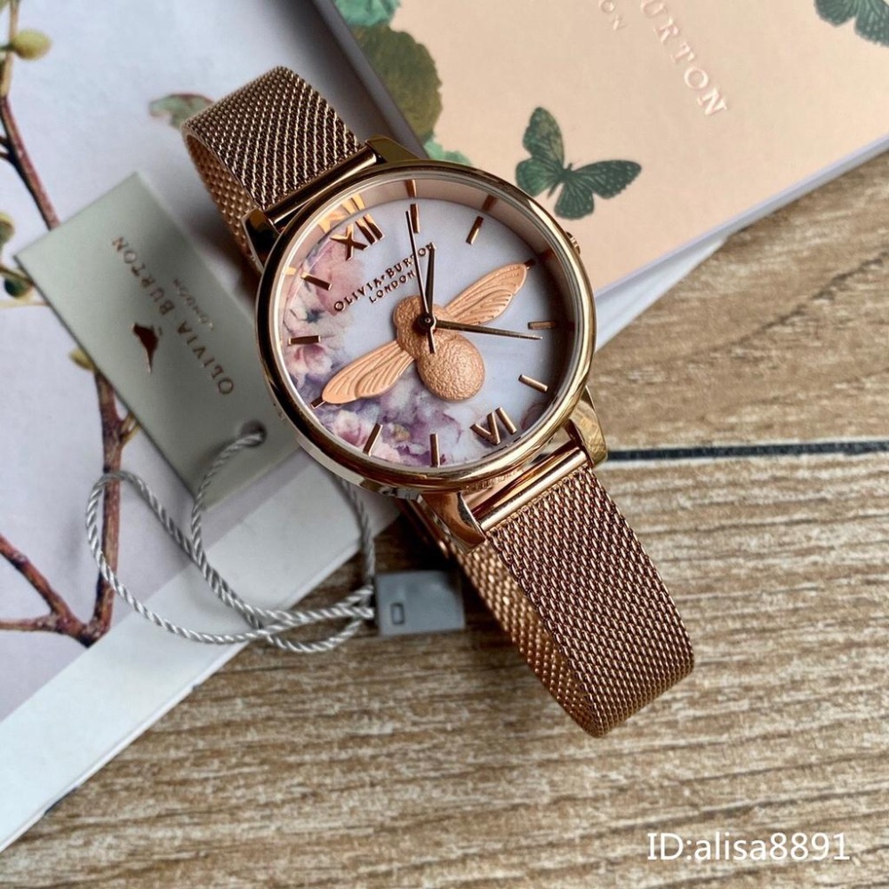 OliviaBurton手錶 女生石英錶 時尚百搭女生腕錶 小蜜蜂手錶 OB手錶 玫瑰金色鋼帶錶 編織網米蘭錶帶石英錶-細節圖3