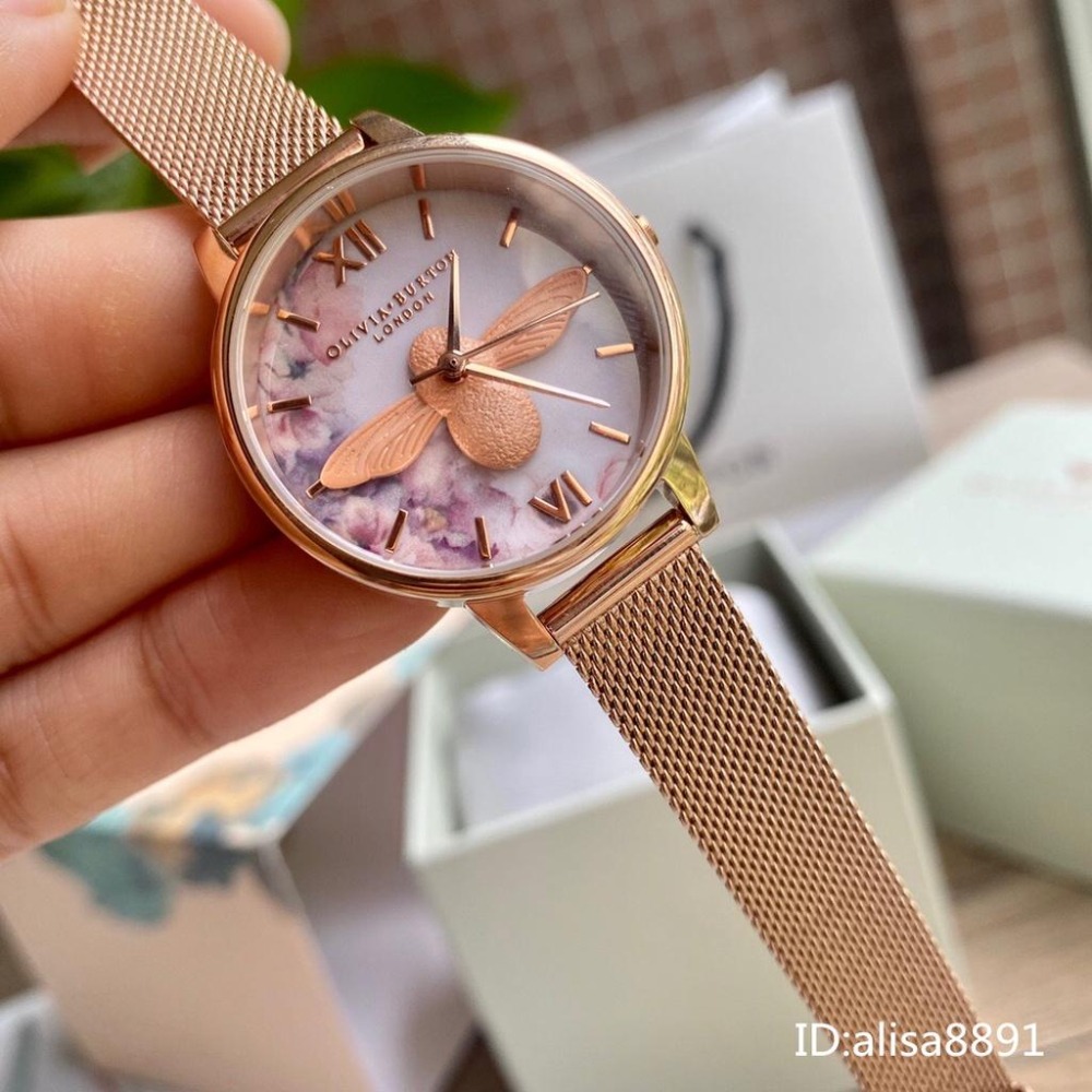 OliviaBurton手錶 女生石英錶 時尚百搭女生腕錶 小蜜蜂手錶 OB手錶 玫瑰金色鋼帶錶 編織網米蘭錶帶石英錶-細節圖4