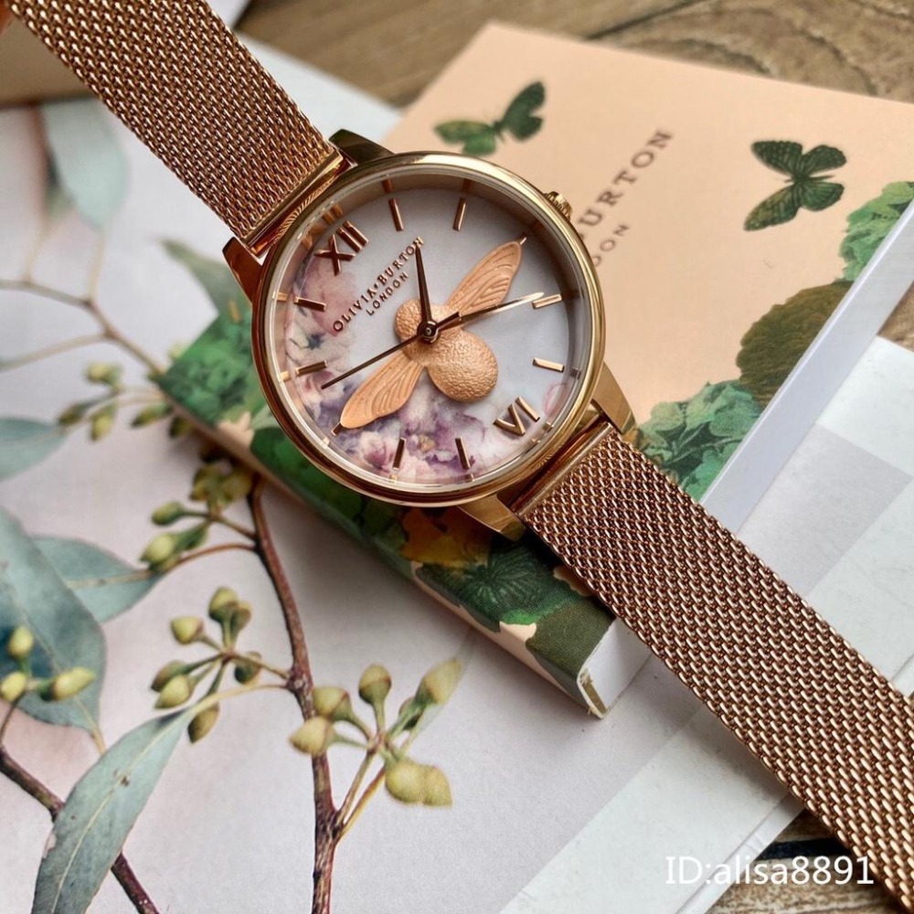 OliviaBurton手錶 女生石英錶 時尚百搭女生腕錶 小蜜蜂手錶 OB手錶 玫瑰金色鋼帶錶 編織網米蘭錶帶石英錶-細節圖5