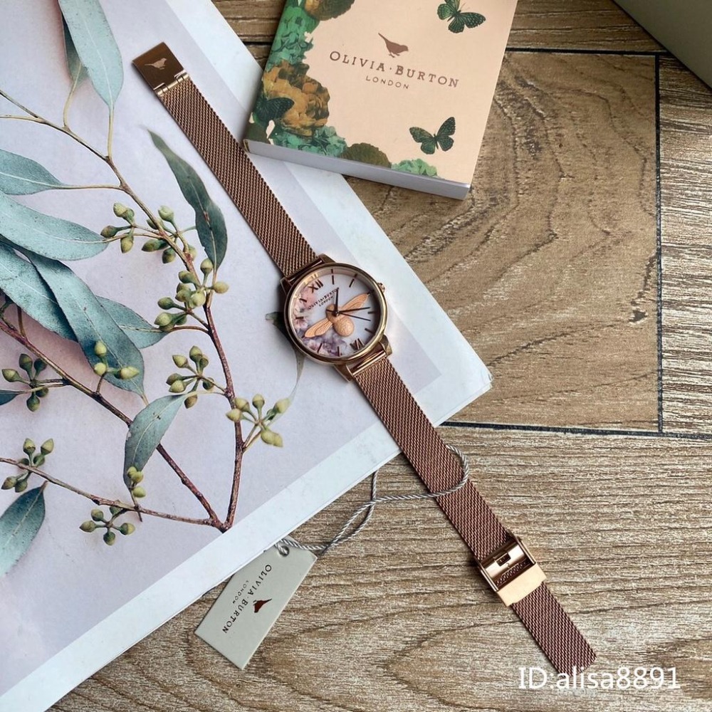 OliviaBurton手錶 女生石英錶 時尚百搭女生腕錶 小蜜蜂手錶 OB手錶 玫瑰金色鋼帶錶 編織網米蘭錶帶石英錶-細節圖6