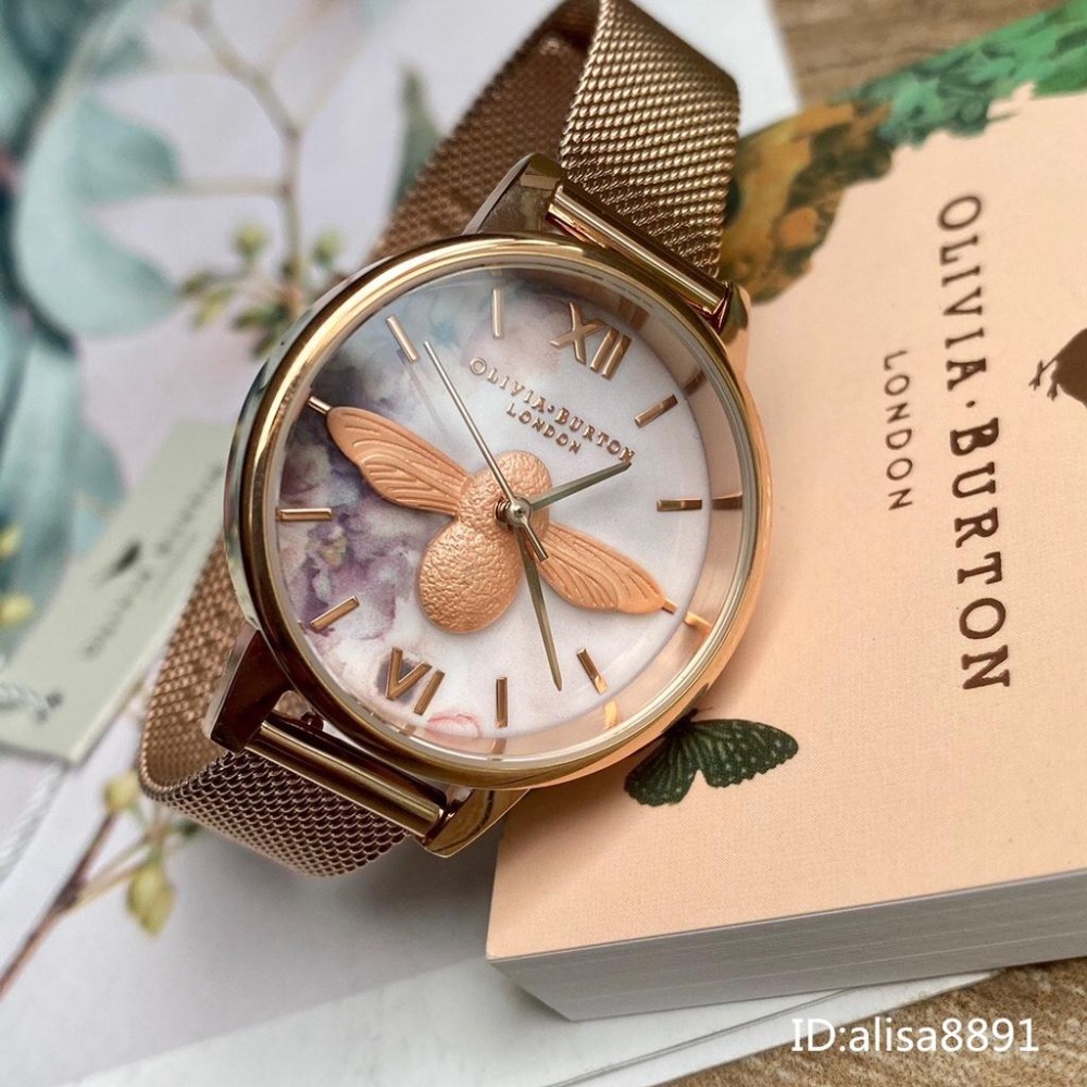 OliviaBurton手錶 女生石英錶 時尚百搭女生腕錶 小蜜蜂手錶 OB手錶 玫瑰金色鋼帶錶 編織網米蘭錶帶石英錶-細節圖7