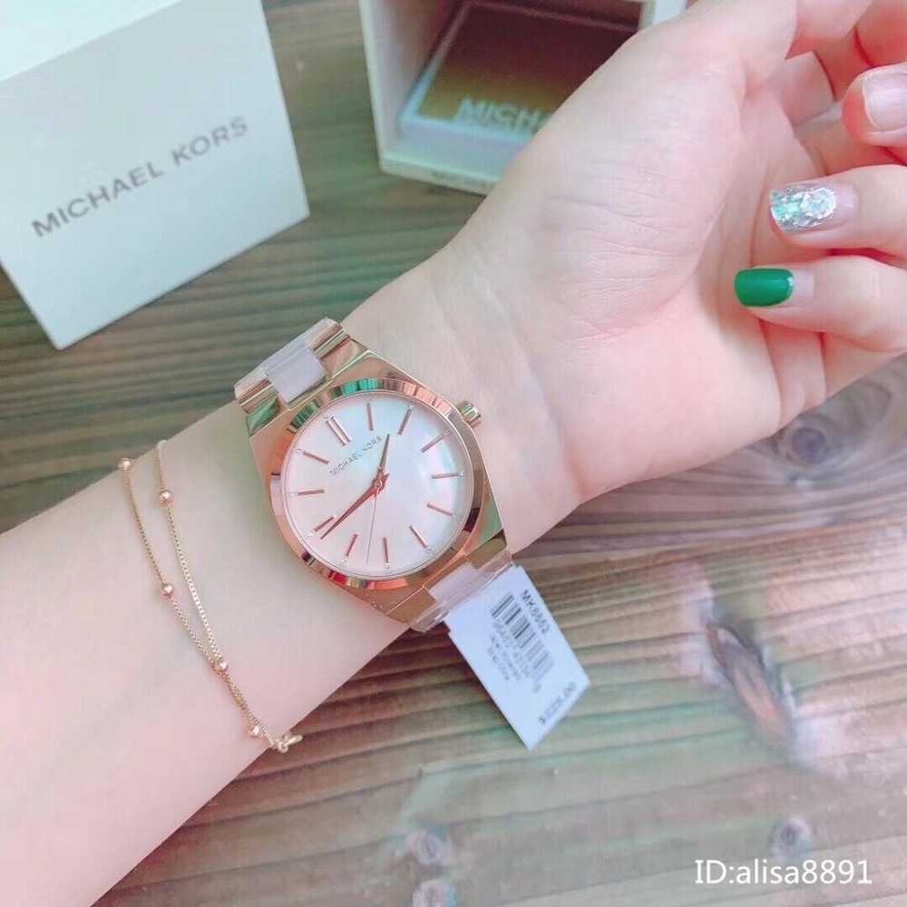 Michael Kors手錶裸粉色間膠鋼鏈錶 簡約時尚百搭女生腕錶 學生手錶女 休閒石英錶 石英手錶女生 MK6652 -細節圖3