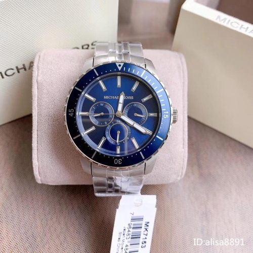 Michael Kors手錶 MK手錶 大直徑石英手錶 MK715 銀色藍面鋼鏈錶 三眼計時日曆男錶 商務休閒男士腕錶