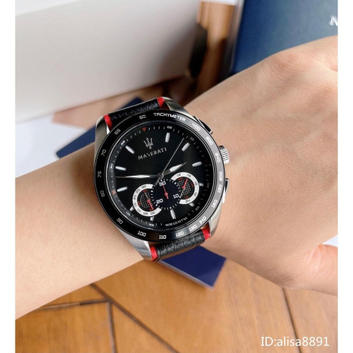 MASERATI瑪莎拉蒂手錶大直徑黑色皮帶錶 六針計時石英錶 休閒運動男生腕錶 商務通勤三眼計時手錶R887161202