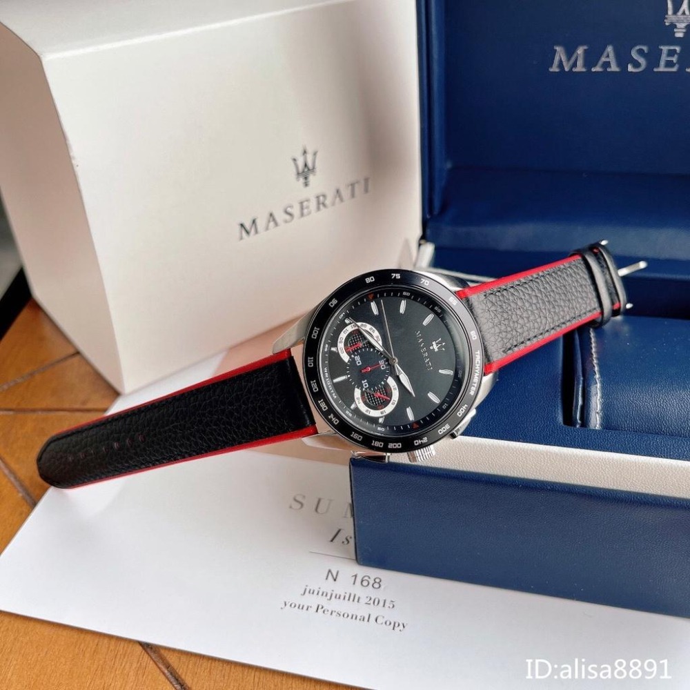 MASERATI瑪莎拉蒂手錶大直徑黑色皮帶錶 六針計時石英錶 休閒運動男生腕錶 商務通勤三眼計時手錶R887161202-細節圖8