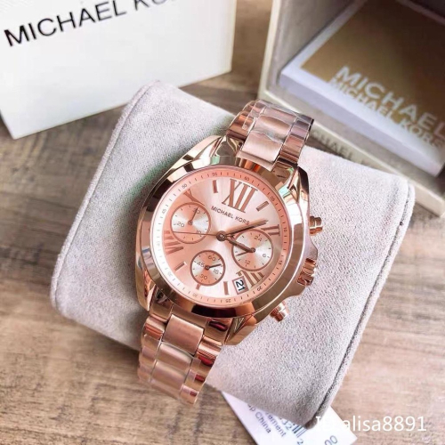 Michael Kors手錶 玫瑰金色鋼帶錶 MK手錶 三眼計時日曆石英錶 玫瑰金色鋼帶錶 休閒百搭女生腕錶MK5799