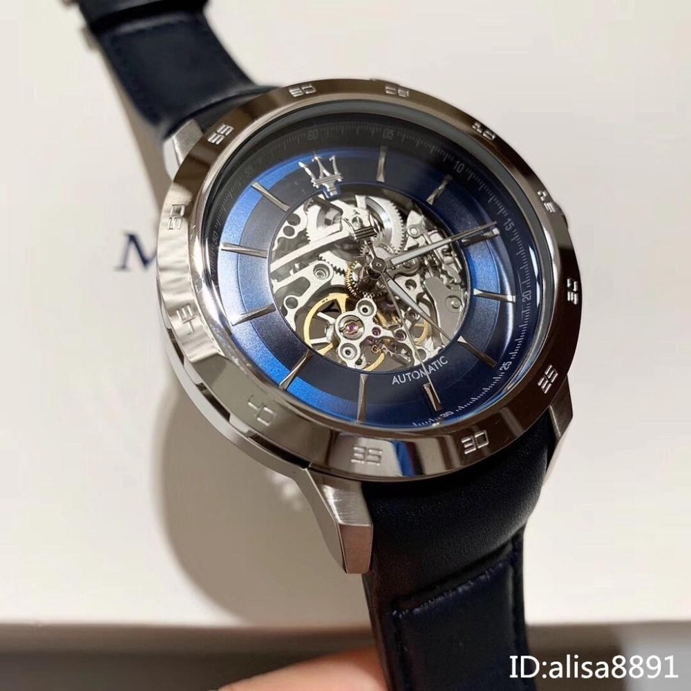 MASERATI瑪莎拉蒂手錶 全自動鏤空機械錶 時尚休閒男士手錶 機械錶 深藍色皮帶錶 防水手錶男R8821119004-細節圖2