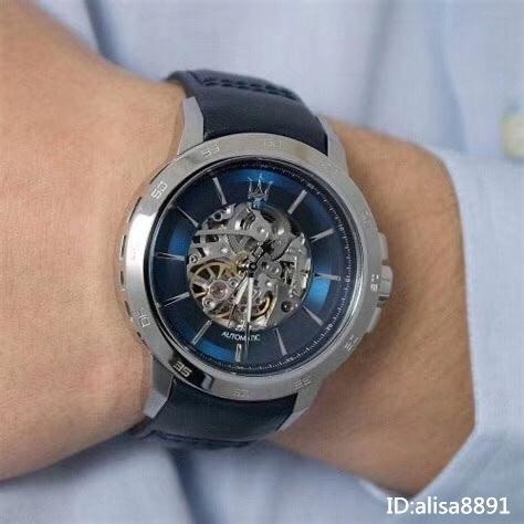 MASERATI瑪莎拉蒂手錶 全自動鏤空機械錶 時尚休閒男士手錶 機械錶 深藍色皮帶錶 防水手錶男R8821119004-細節圖3
