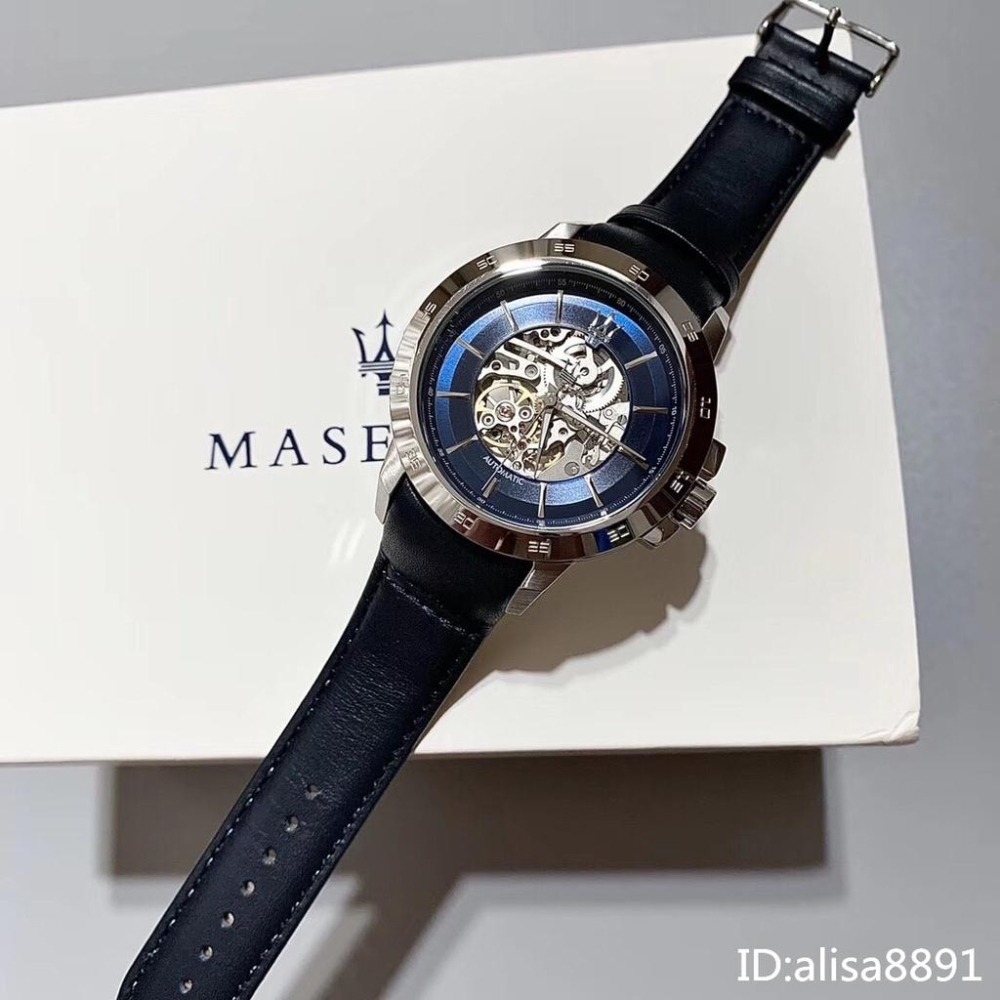 MASERATI瑪莎拉蒂手錶 全自動鏤空機械錶 時尚休閒男士手錶 機械錶 深藍色皮帶錶 防水手錶男R8821119004-細節圖5