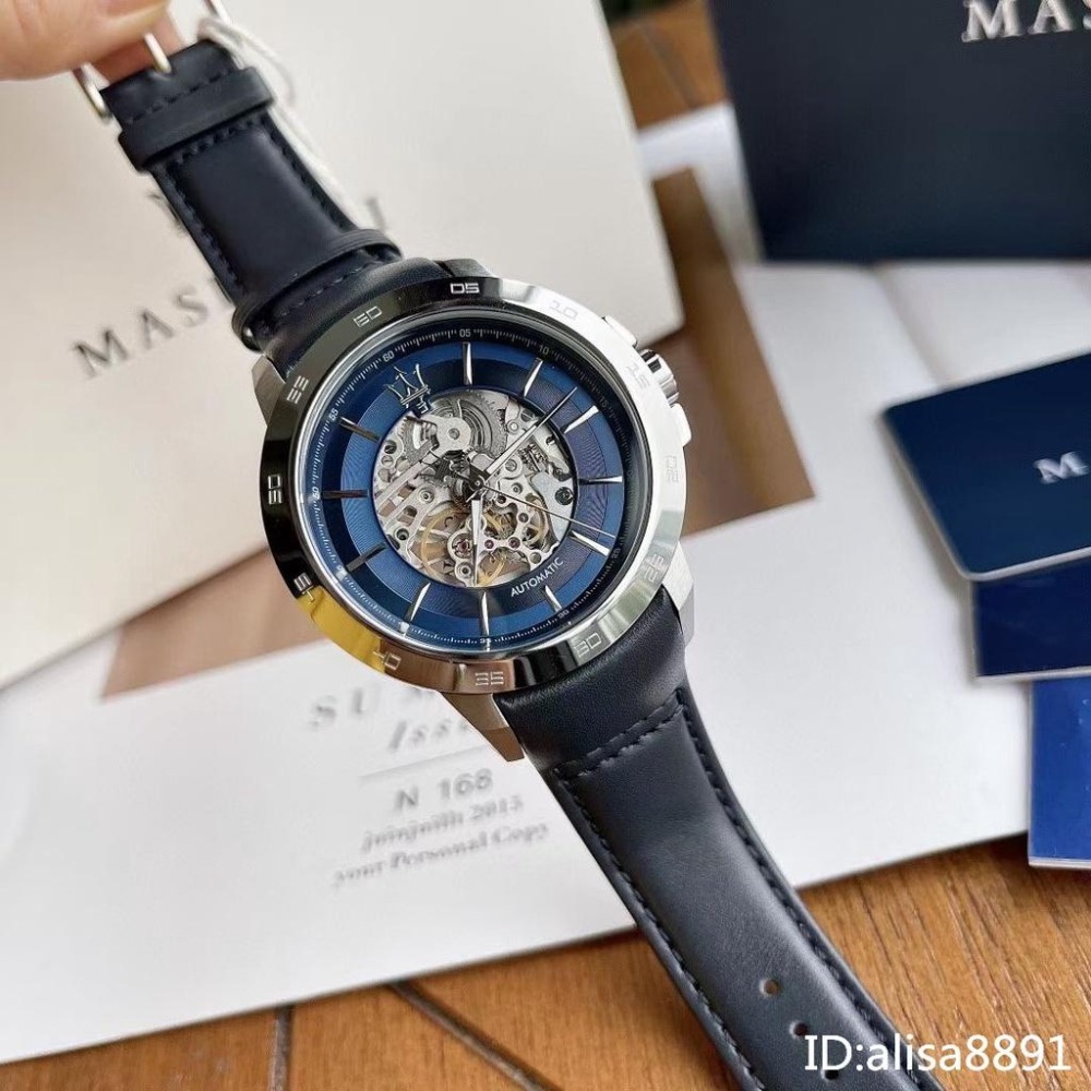 MASERATI瑪莎拉蒂手錶 全自動鏤空機械錶 時尚休閒男士手錶 機械錶 深藍色皮帶錶 防水手錶男R8821119004-細節圖6