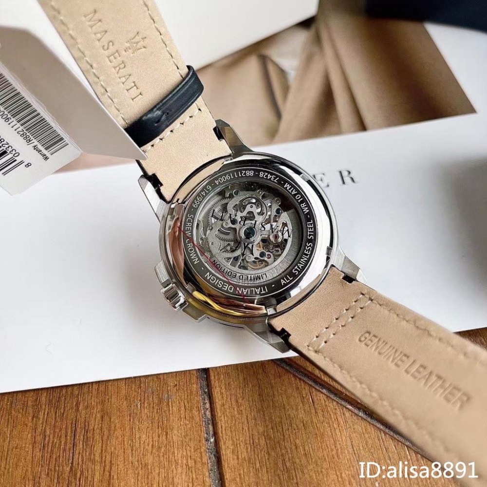 MASERATI瑪莎拉蒂手錶 全自動鏤空機械錶 時尚休閒男士手錶 機械錶 深藍色皮帶錶 防水手錶男R8821119004-細節圖9