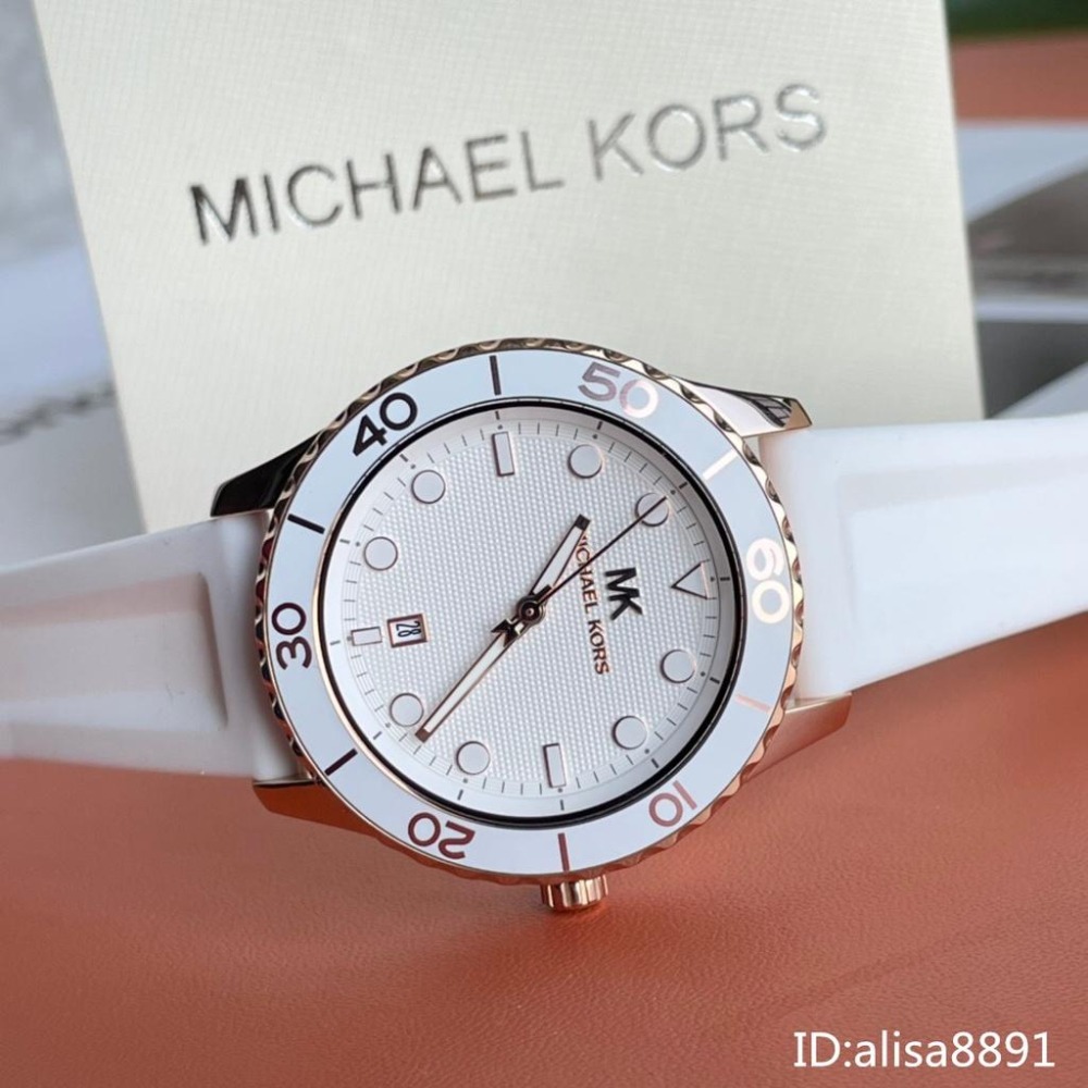 Michael Kors手錶 休閒通勤腕錶 黑色白色橡膠錶帶女錶 防水石英錶 時尚百搭休閒 大直徑MK手錶 MK6852-細節圖7