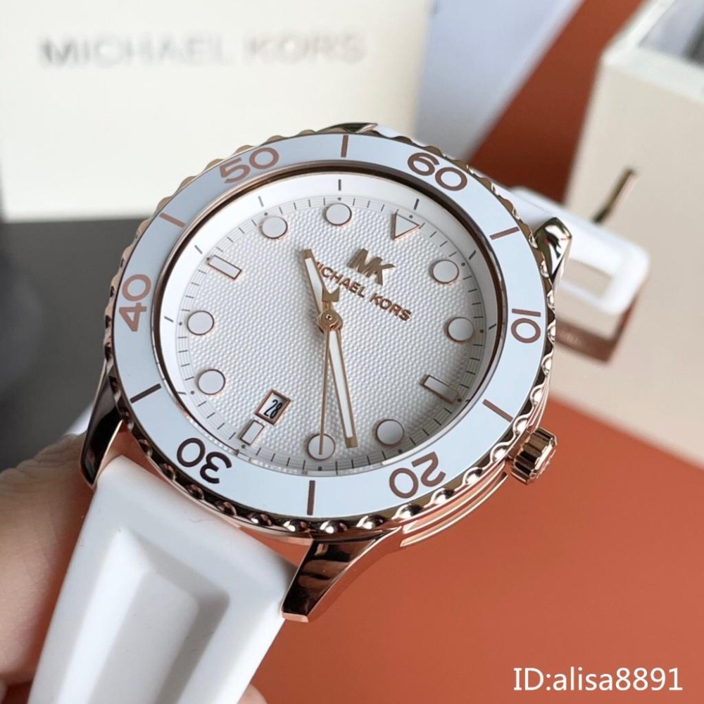 Michael Kors手錶 休閒通勤腕錶 黑色白色橡膠錶帶女錶 防水石英錶 時尚百搭休閒 大直徑MK手錶 MK6852-細節圖8