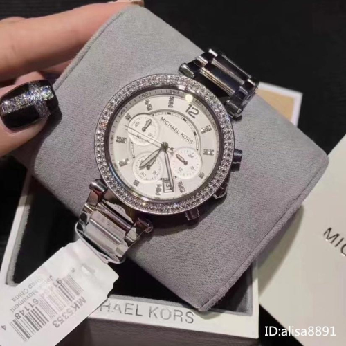 Michael Kors手錶 女生鑲鑽三眼計時石英錶 大直徑女生腕錶 時尚百搭日曆石英女錶 大錶盤MK手錶 銀色鋼鏈錶