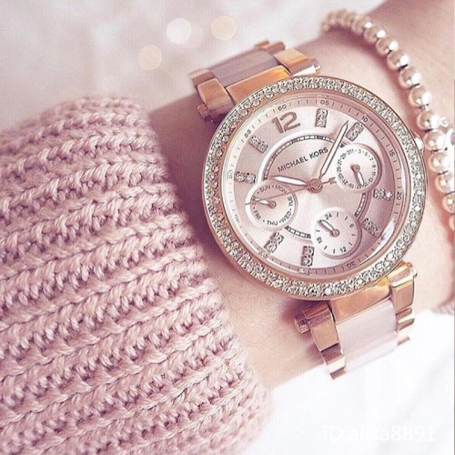Michael Kors手錶 鑲鑽日曆防水石英錶 三眼計時手錶 玫瑰金粉色小直徑女生石英手錶 MK5896 MK6110