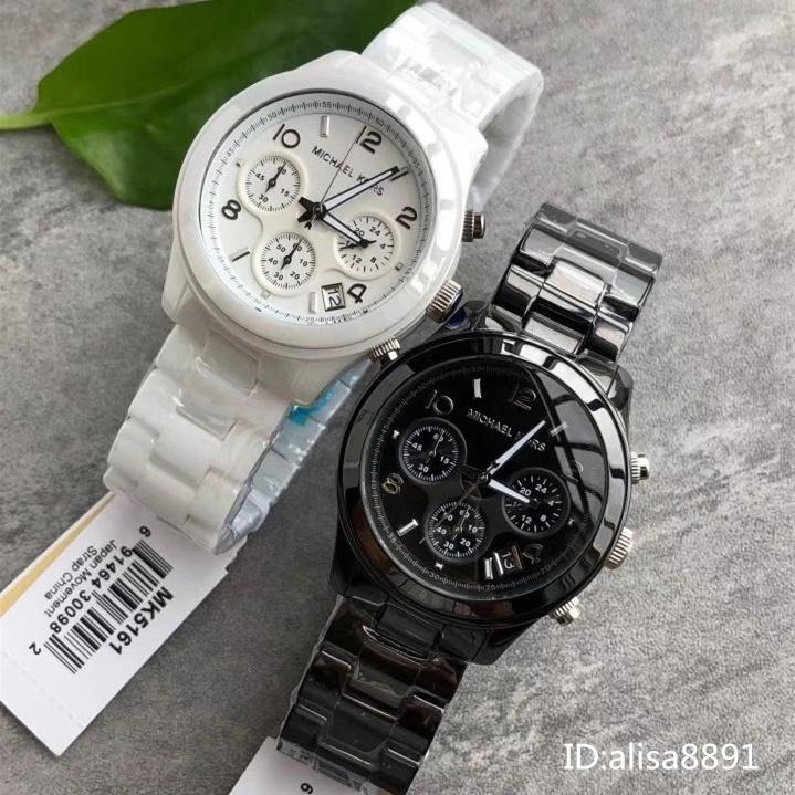 Michael Kors手錶 黑色白色陶瓷手錶 三眼計時日曆石英錶 時尚百搭休閒腕錶  大直徑石英手錶女MK5161-細節圖2