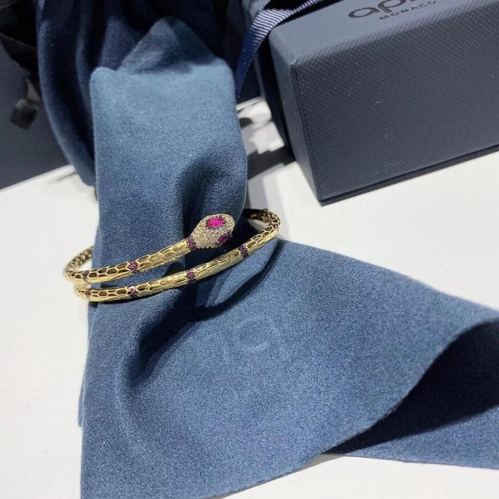 APM MONACO手鐲 APM蛇靈開口手鐲 S925純銀手鐲 女生手環 金色鑲晶鑽蛇手環 手鏈女 高級感時尚手鐲-細節圖8