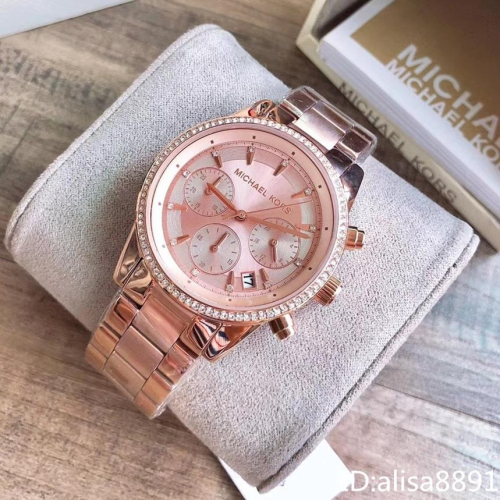 Michael Kors手錶 女生手錶 玫瑰金色鋼帶錶 鑲鑽大直徑MK手錶女 三眼計時日曆手錶 時尚潮流女錶MK6357