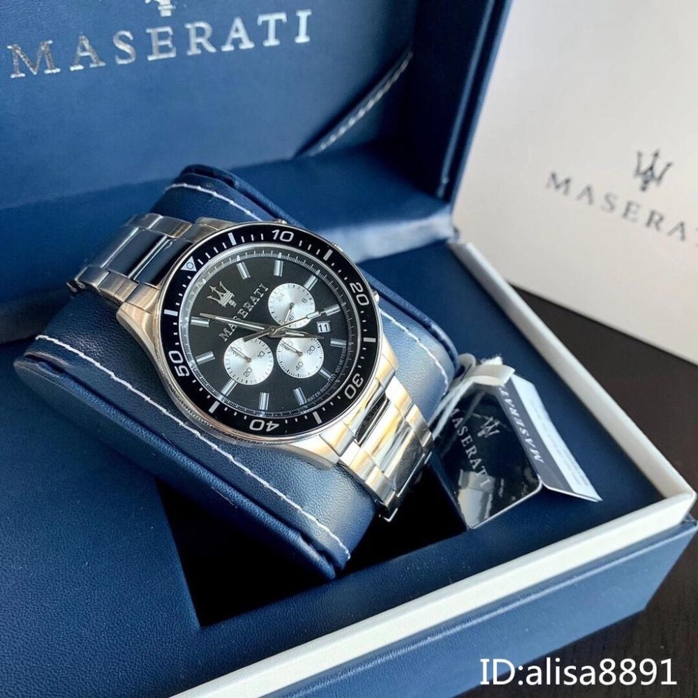 瑪莎拉蒂MASERATI手錶 三眼計時日曆防水手錶 銀色黑面鋼帶錶 商務男錶石英錶 大直徑腕錶R8873640004-細節圖3