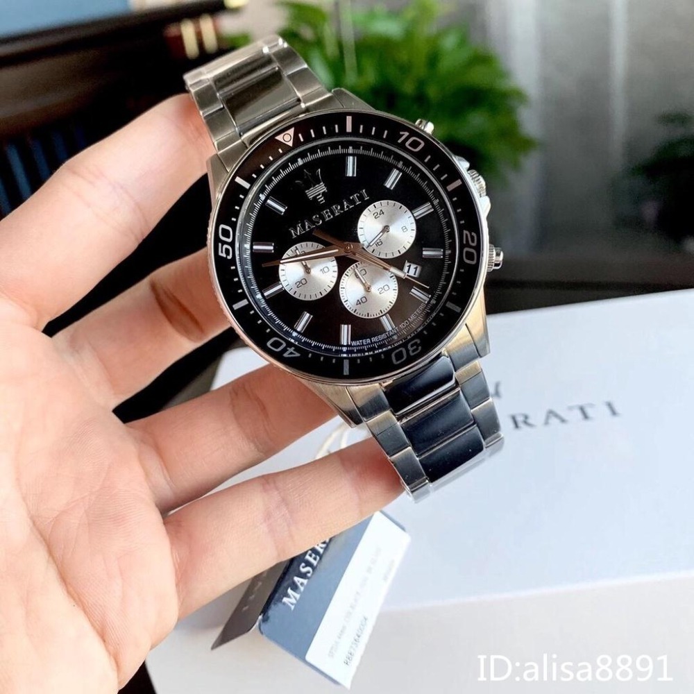 瑪莎拉蒂MASERATI手錶 三眼計時日曆防水手錶 銀色黑面鋼帶錶 商務男錶石英錶 大直徑腕錶R8873640004-細節圖5